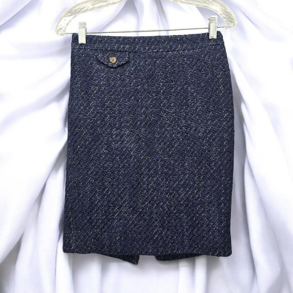 J Crew The Pencil Woman Skirt Tweed Blue Size 0 Lined Front Pocket Career Office